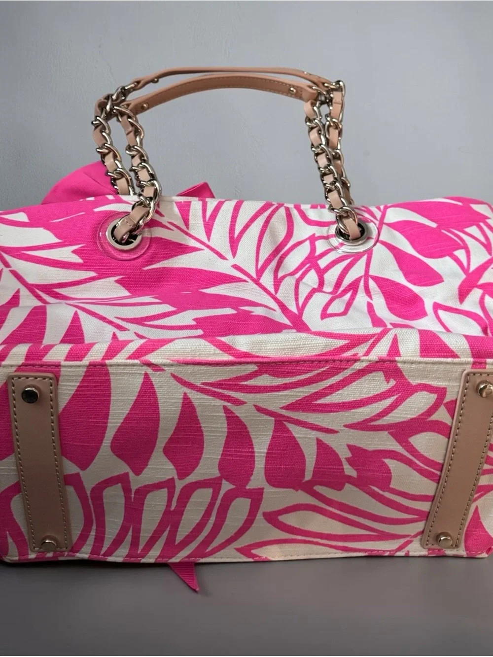 Authentic Kate Spade Pink Tropical Palm Leaf Tote Bag with Chain Straps and Bow